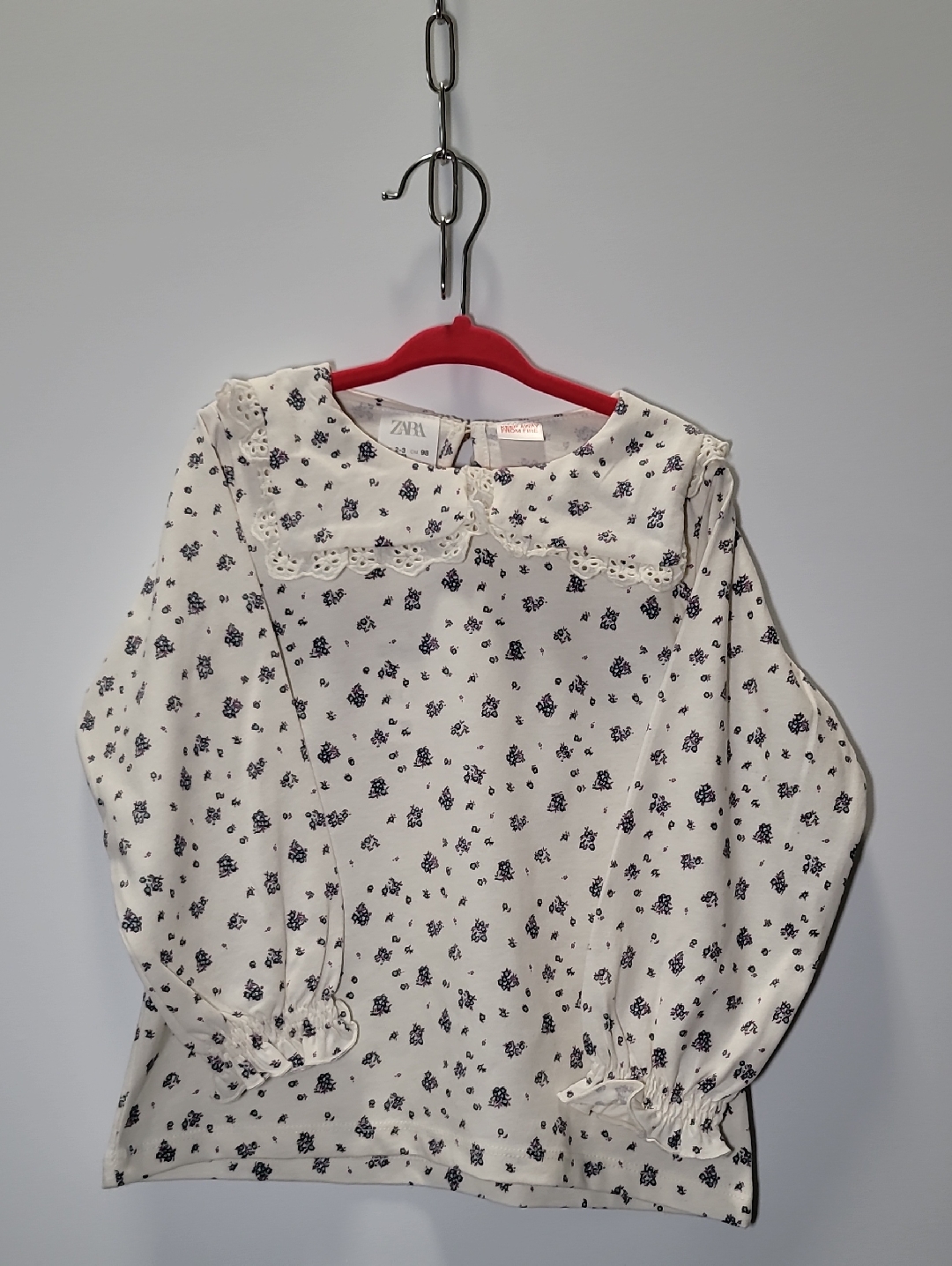 Zara Cream Blouse With Navy Ditsy Floral Print And Peter Pan Collar